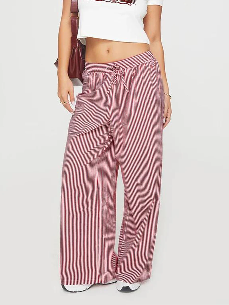 Pantalon décontracté à imprimé rayé pour femme, cordon de proximité, taille élastique, jambe large, fjwith, poches, streetwear