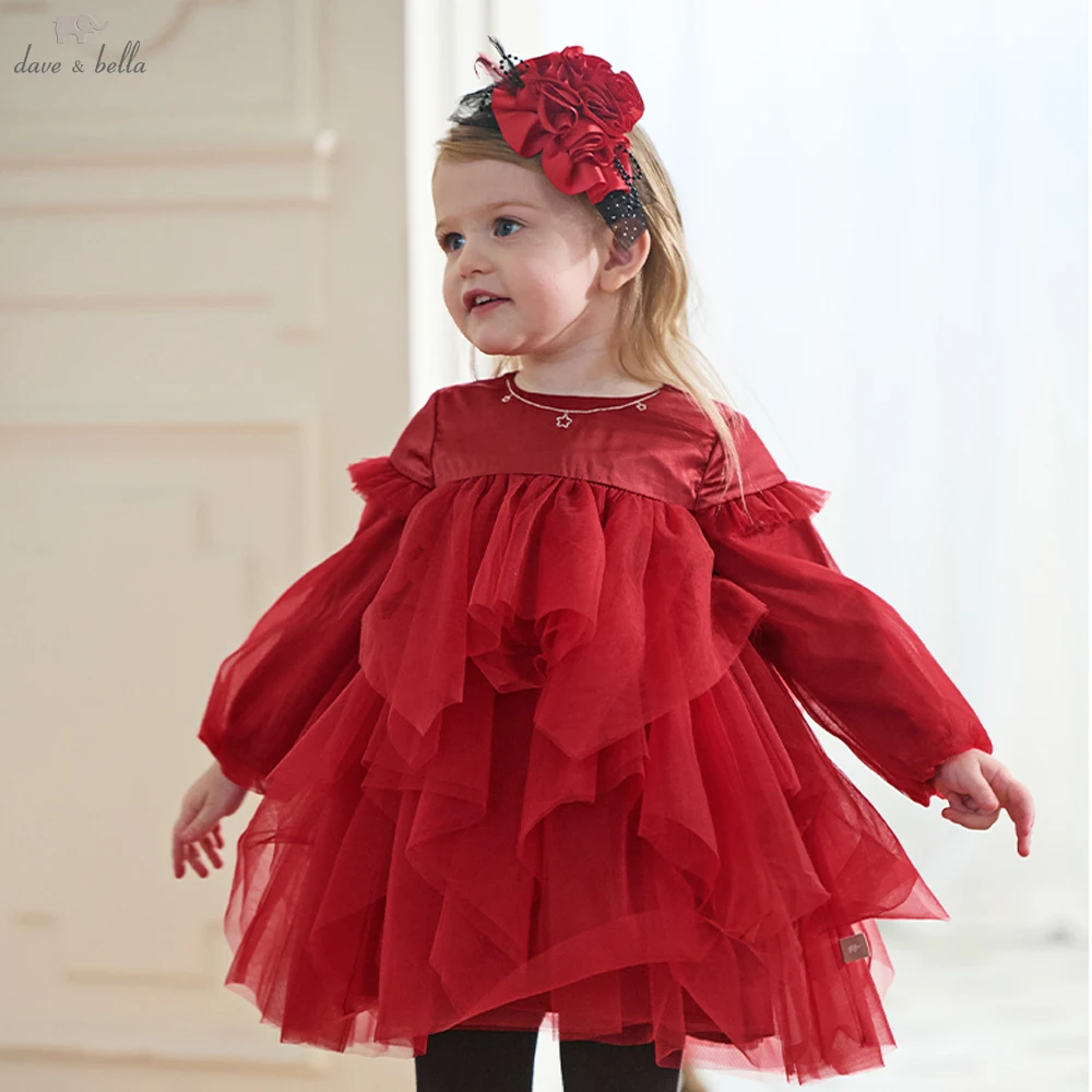 

Dave Bella, осенне-зимнее кружевное сетчатое платье для девочек, праздничное платье принцессы с длинными рукавами, детская одежда на Рождество, день рождения DB3241866