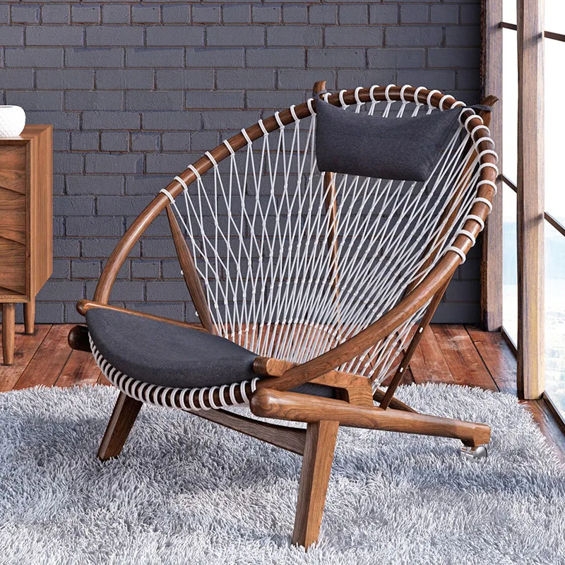 Nordic lazy sofa chair solid wood homestay woven leisure recliner single home designer furniture simple