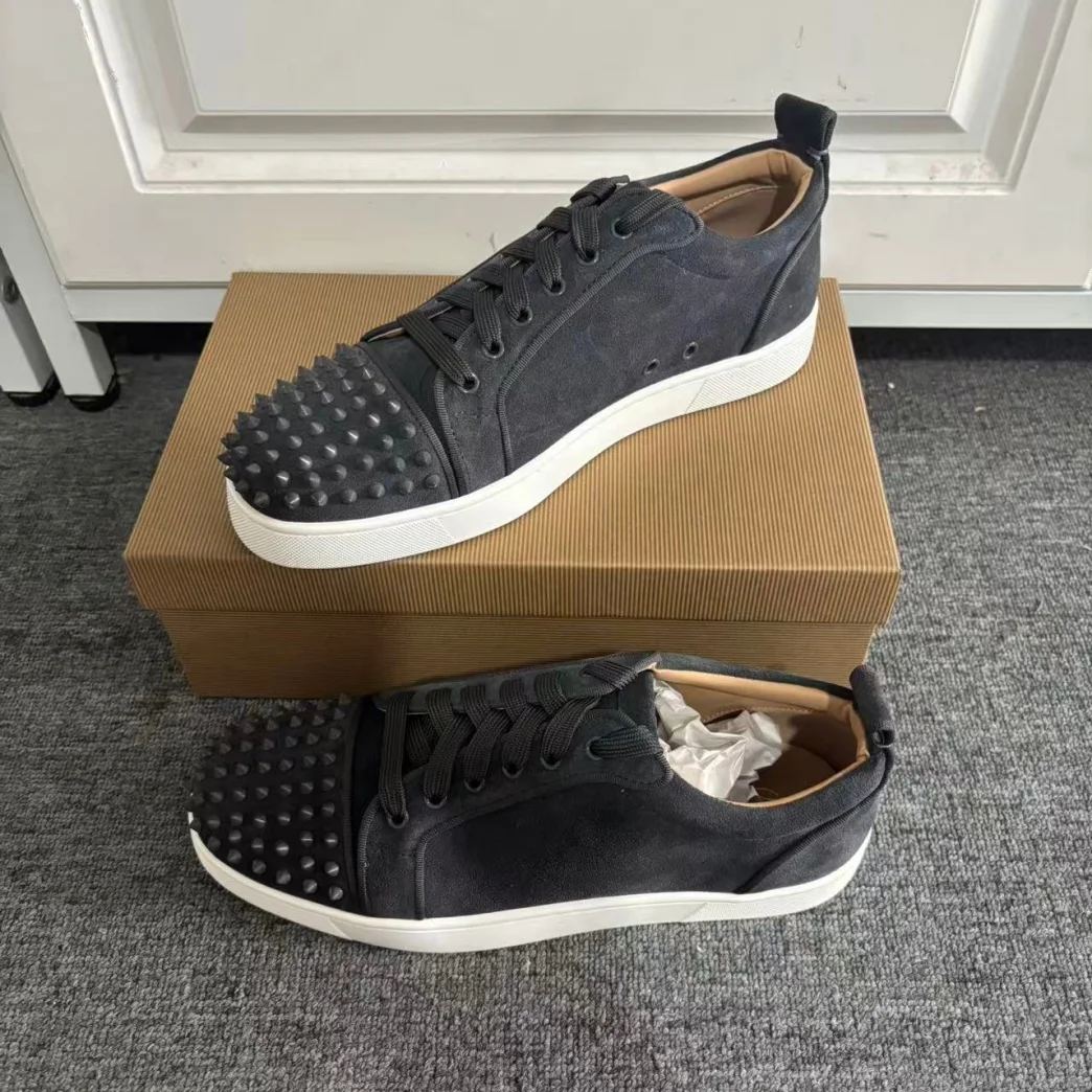 Gray Flannel Leather Red Sole Sneakers For Women Men Round Toe Lace-Up Flat Sole Casual Sports Shoes Unisex Custom 35-46 Size DE view 5