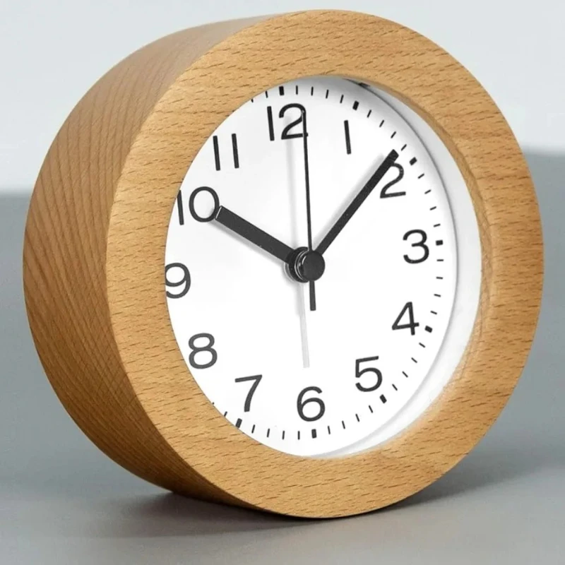 

3 Inches Round Wooden Alarm Clock with Arabic Numerals Non-Ticking Silent Backlight Battery Operated Wood Table Desk Alarm Clock