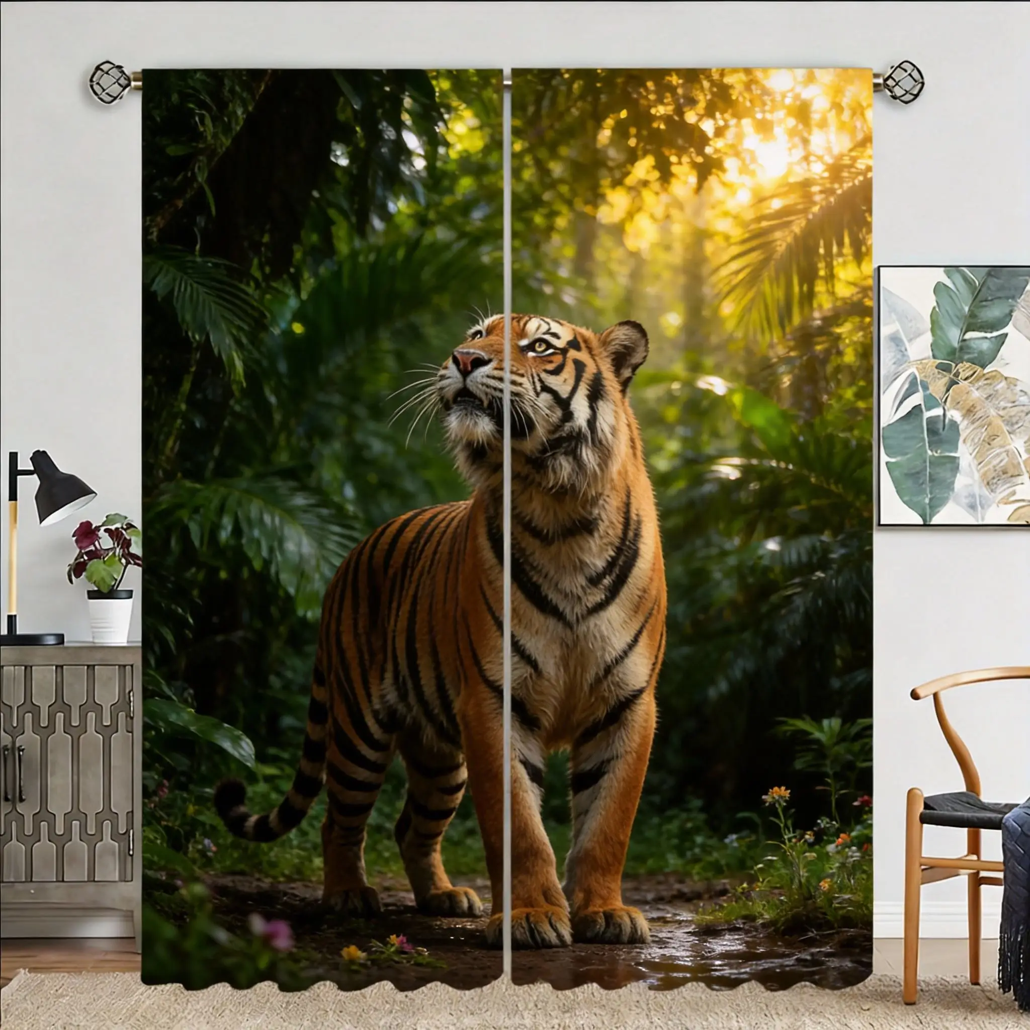 Wildlife Tiger Curtains 2pcs – Forest Jungle Scene, Boho Statement Window Decor for Living Roomtyle  kitchen curtains