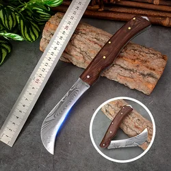 Kitchen Knife Banana Pineapple Fruit Knife Wood Handle Folding Knife Damascus Pattern Blade Chef Knife Stainless Steel Knife Cut