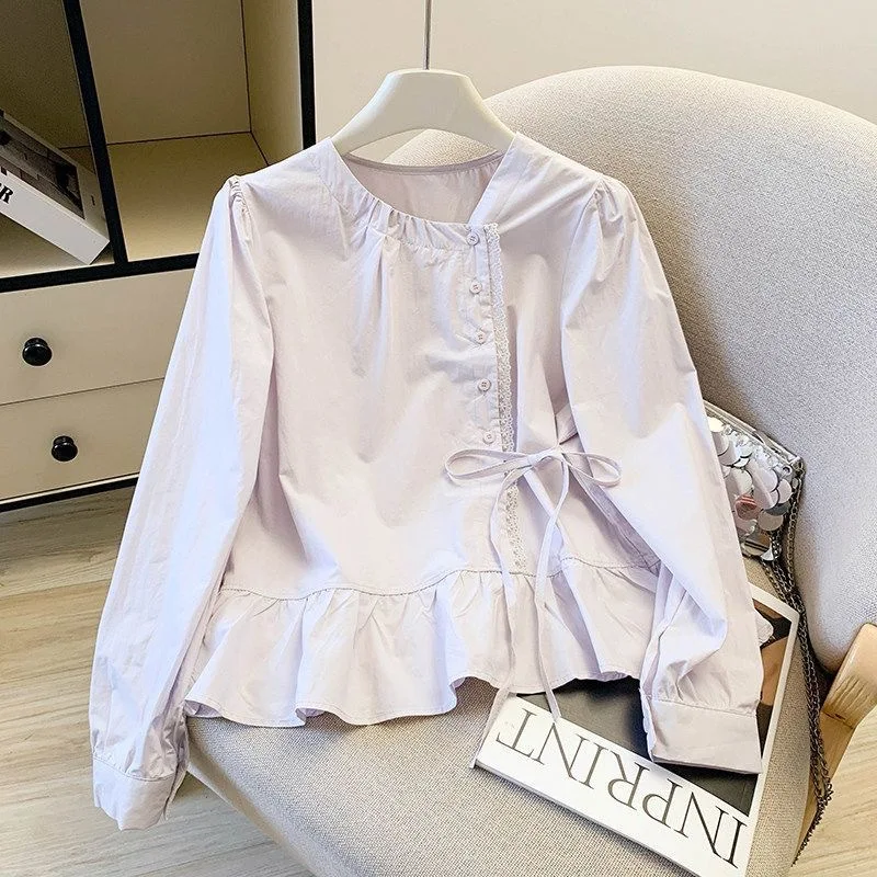 Round Neck Partial Lace Placket Blouse, Side Self Tie Waist Puff Long Sleeve Ruffled Hem Cropped Shirt, Solid Casual Blouse