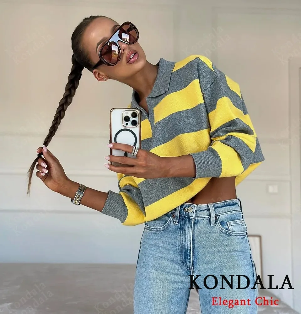 

KONDALA повседневный осенний свитер в полоску с v-образным вырезом, вязаные топы, новинка 2025, модные милые простые яркие цветные женские осенние топы