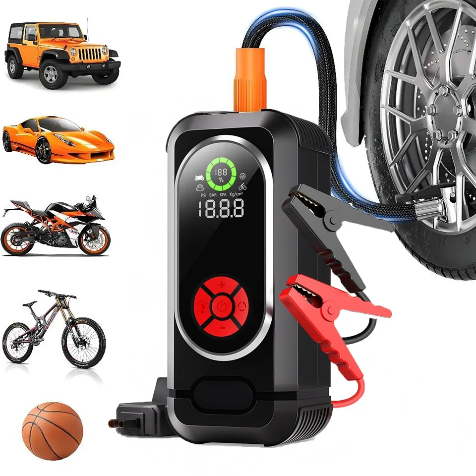 

4 in 1 Portable Tire Inflator Car Air Pump Wireless Air Compressor Pump Emergency Car Starter LED Light USB Interface Power Bank