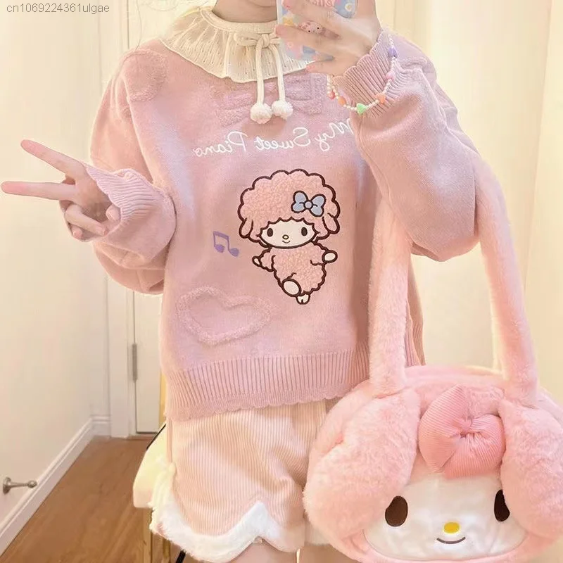 Sanrio Kuromi Melody Cute Soft Girl Embroidered Round Neck Sweater Autumn Winter Short Knitted Top Women Japanese Style Sweaters