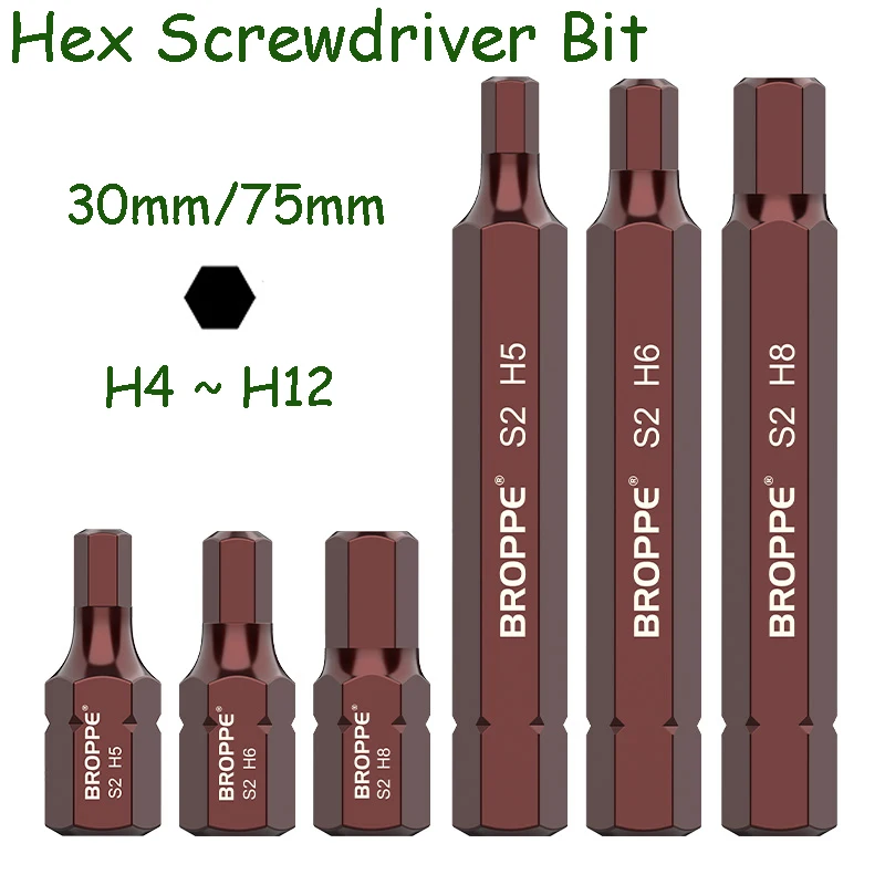 Hex Screwdriver Bit 10mm Hex Shank Magnetic 30mm 75mm Length Allen Wrench Screw Driver Bits Tools S2 Steel H4/5/6/7/8/10/12