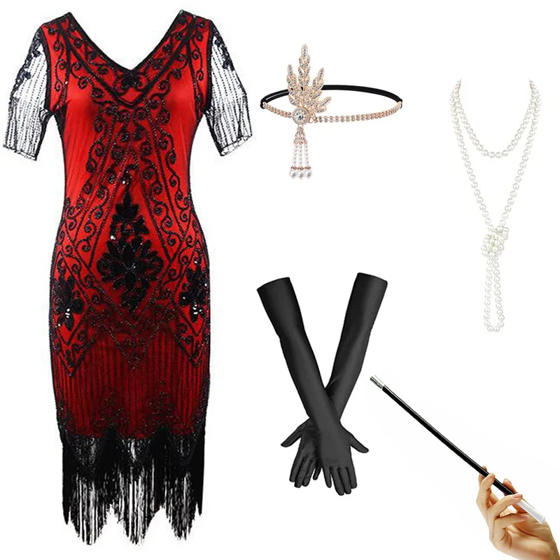 iny Sequin Dr Performance-kostuum 920s Retro plus size jurk midden taille polyester stof middellange rok