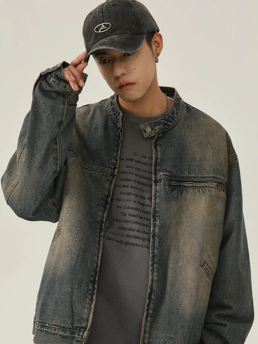 

Джинсовое джинсовое джинсовое платье в стиле ретро, мужское весенне-осеннее новое свободное пальто с воротником-стойкой оверсайз, молодежное классическое пальто