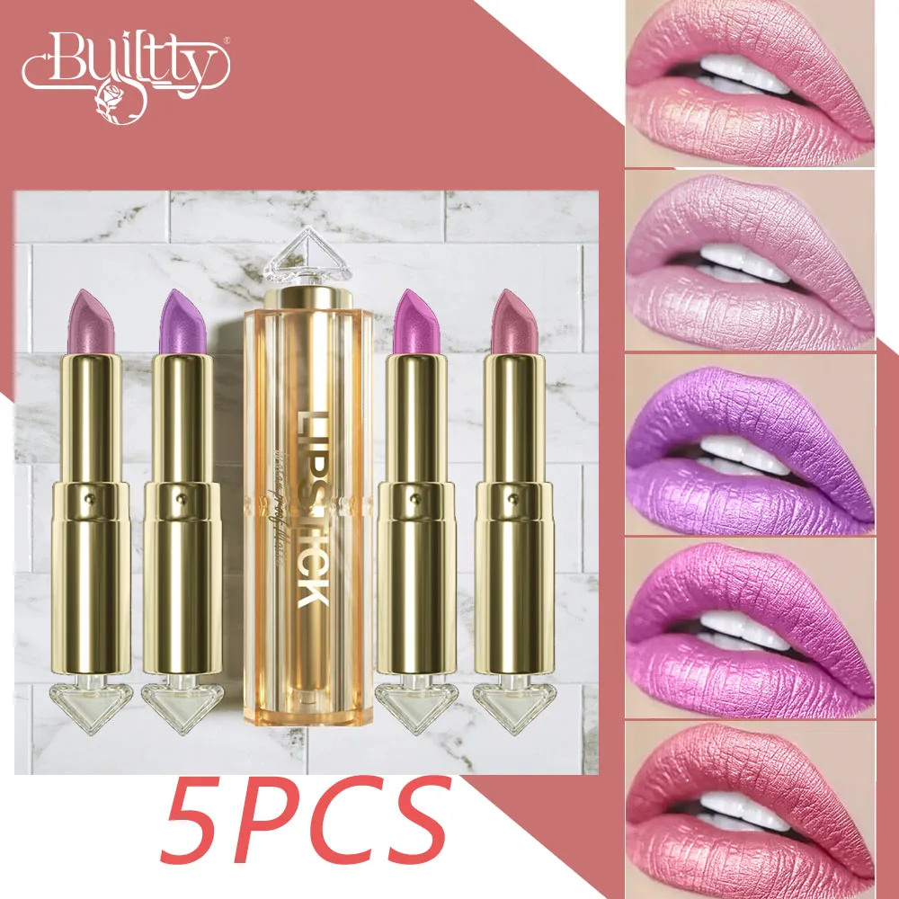 5 Colors Glitter Lipsticks Shimmer Metallic Lip Stick Set Kit Long Lasting Purple Red Matte to Glitter Sparkle Sparkly Lipsticks