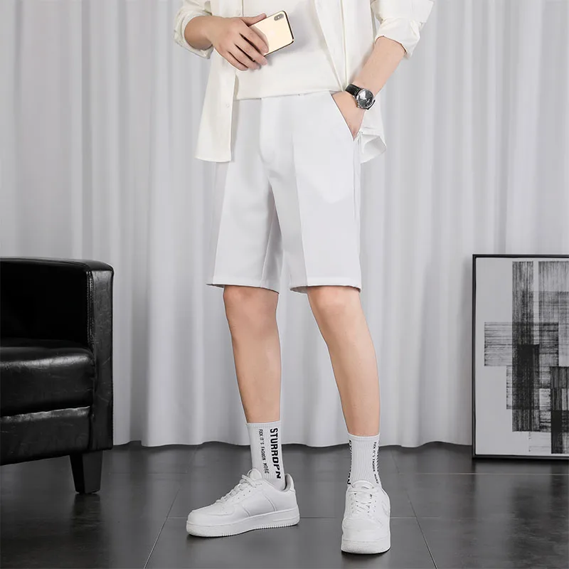 

Fashion Korean Pleated Shorts Men Summer Casual Solid Color Soft Comfort Work Short Pants Knee Length Breathable Shorts Homme