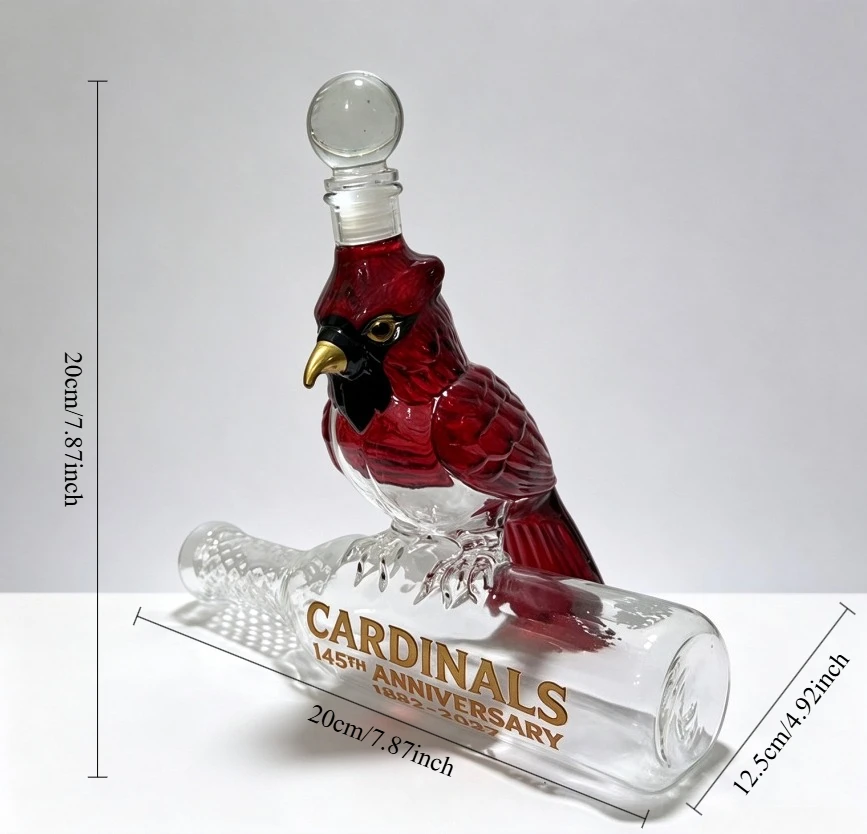 Unieke whiskykaraf met een dieren- en honkbalthema, handgemaakte glazen fles voor sterke drank, sculptuur van een kardinaalvogel, drankfles.