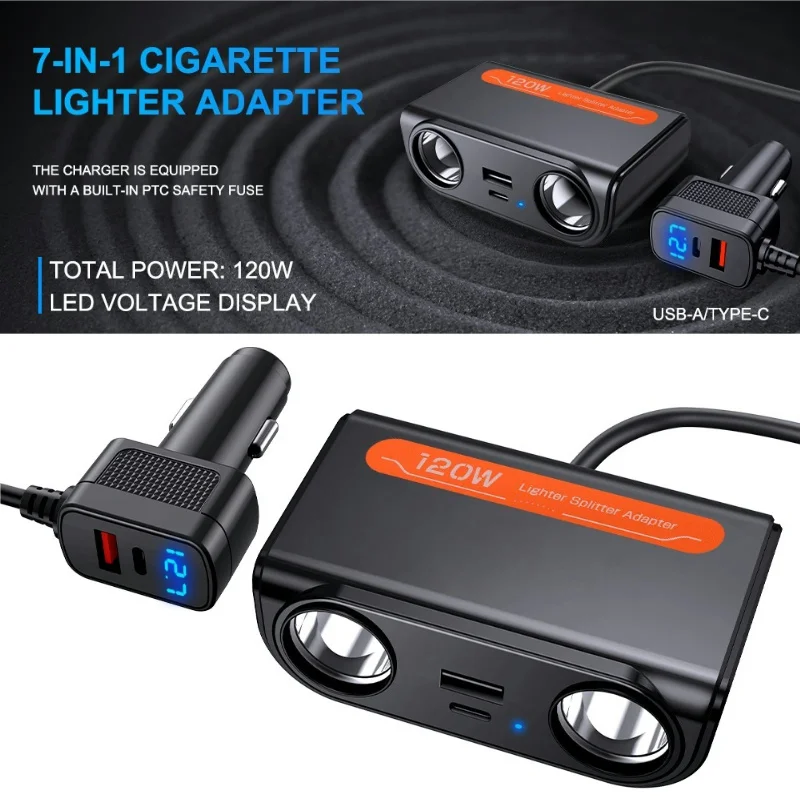 12V/24V Car Cigarette Lighter 120W Car Charger PD QC USB Quick Charge Power Adapter Charger 4 in 1 Multifunctional Socket