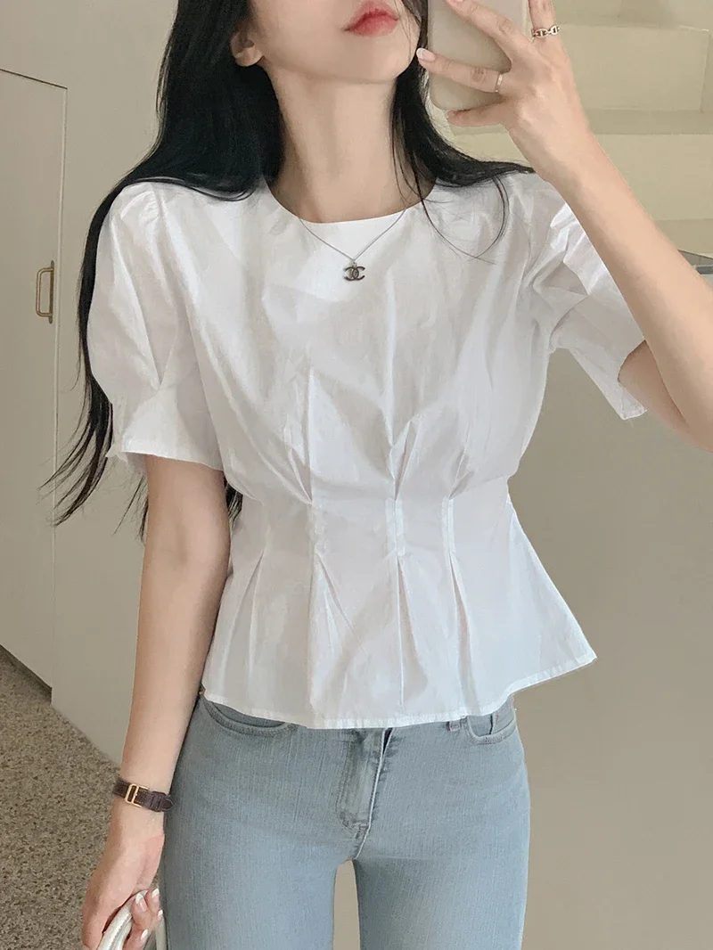 Women Tops Solid Color Folds Blouse O Neck Puff Sleeve Tunic Shirts Fashion Korean Casual Blouses 2023 Blusas De Mujer