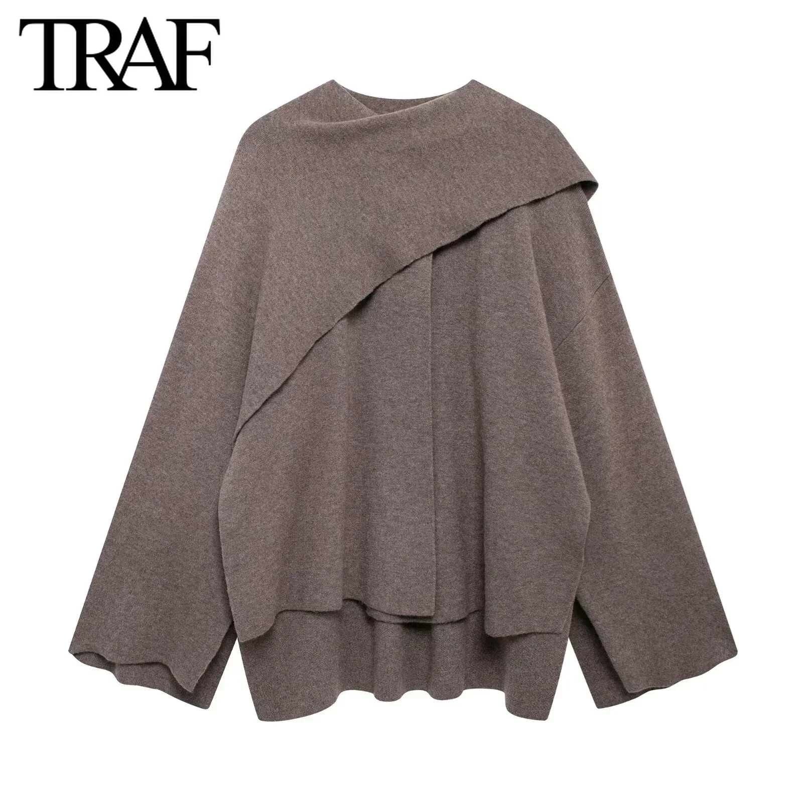 TRAF Knitted Cardigan for Women Fashion 2024 Autumn Winter  New Cloak Style Sweater Short Outerwear Chic Female Knit Coat Mujer