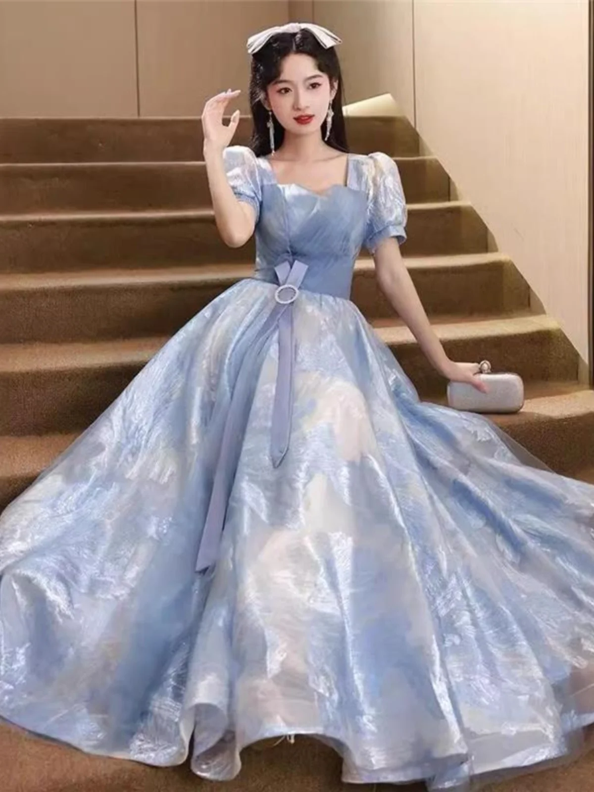 

Синее вечернее платье женское 2024 года, новое, для церемоний и торжеств, высококачественное, роскошное, легкое, корейское, с бисером, длинное