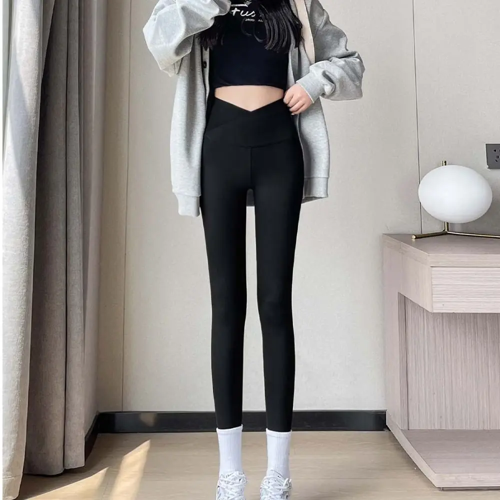 Cross Waist Design Women Leggings Thin Solid Color High Waist Leggings Abdominal Tightening Trousers Jogging Capri Pants Girl