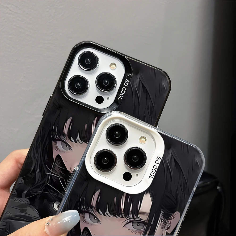 Anime Girl Black Hair Cat Cool Fashion Phone Case for iPhone 16 12 13 14 15 11 Max Pro Plus Laser IMD Color Shell