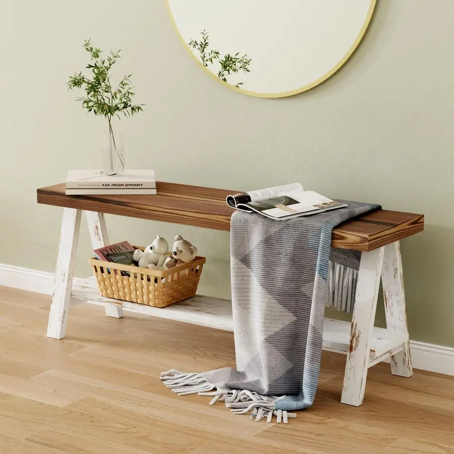 Farmhouse Bench, End of Bed Bench,Solid Wood Entryway Bench, Indoor Bench, Rustic Wood Bench Seat for Indoor,Entryway, Dining Ro