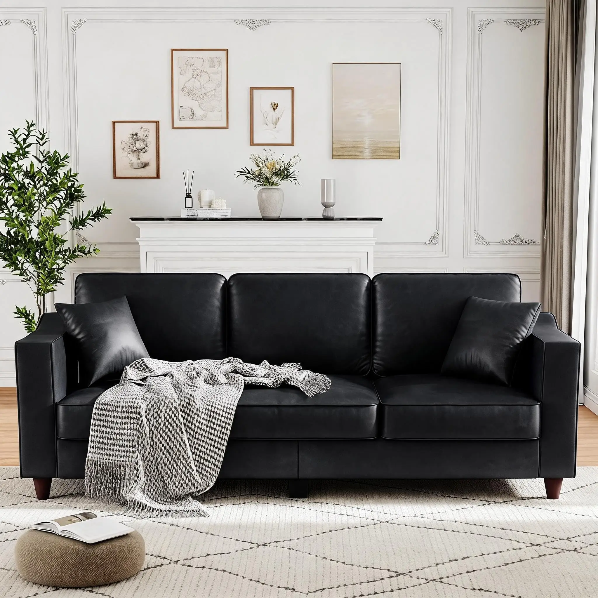 3 Seater Faux Leather Couch with 2 Throw Pillows, Sofa Couch, Black