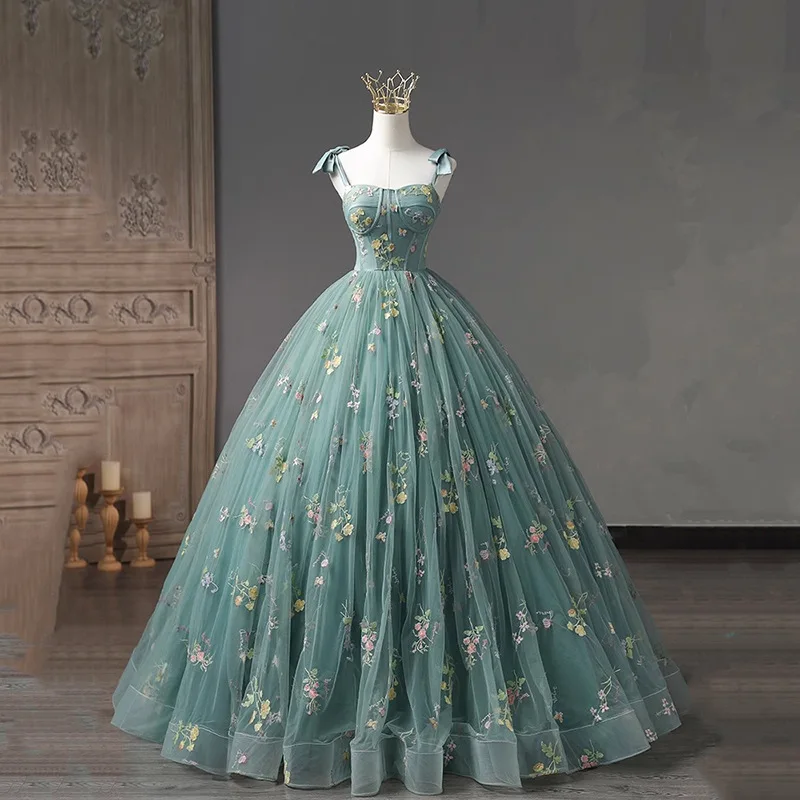 Robe de soirée en tulle à épaules dénudées avec poignées amovibles, robes de Quinceanera élégantes personnalisées, longueur au sol, bleu, ligne A