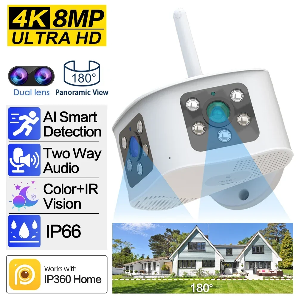 

4K 8MP Outdoor WIFI Wireless IP Camera Dual Lens 180° Wide Angle Panoramic Color night vision CCTV Security Surveillance Camera