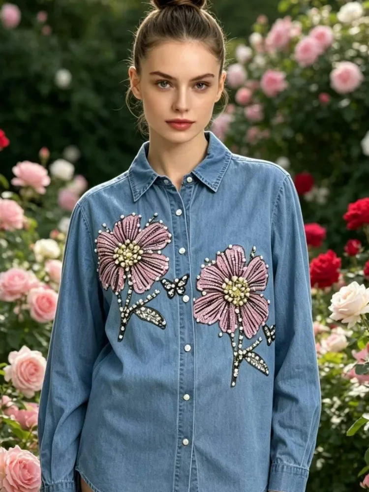 Women Denim Embroidery Blouses Spring Autumn Long Sleeve Woman Blouse Shirt Office Elegant Work Shirt Top Blusas Mujer De Moda view 2