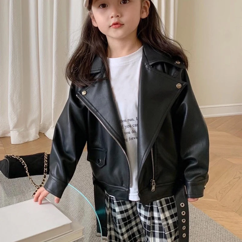 1pcs Kids Leather Jackets Boys Girls Classics Handsome Coat Spring Autumn Children Clothing Outerwear Zipper Fly Coats Baby Tops