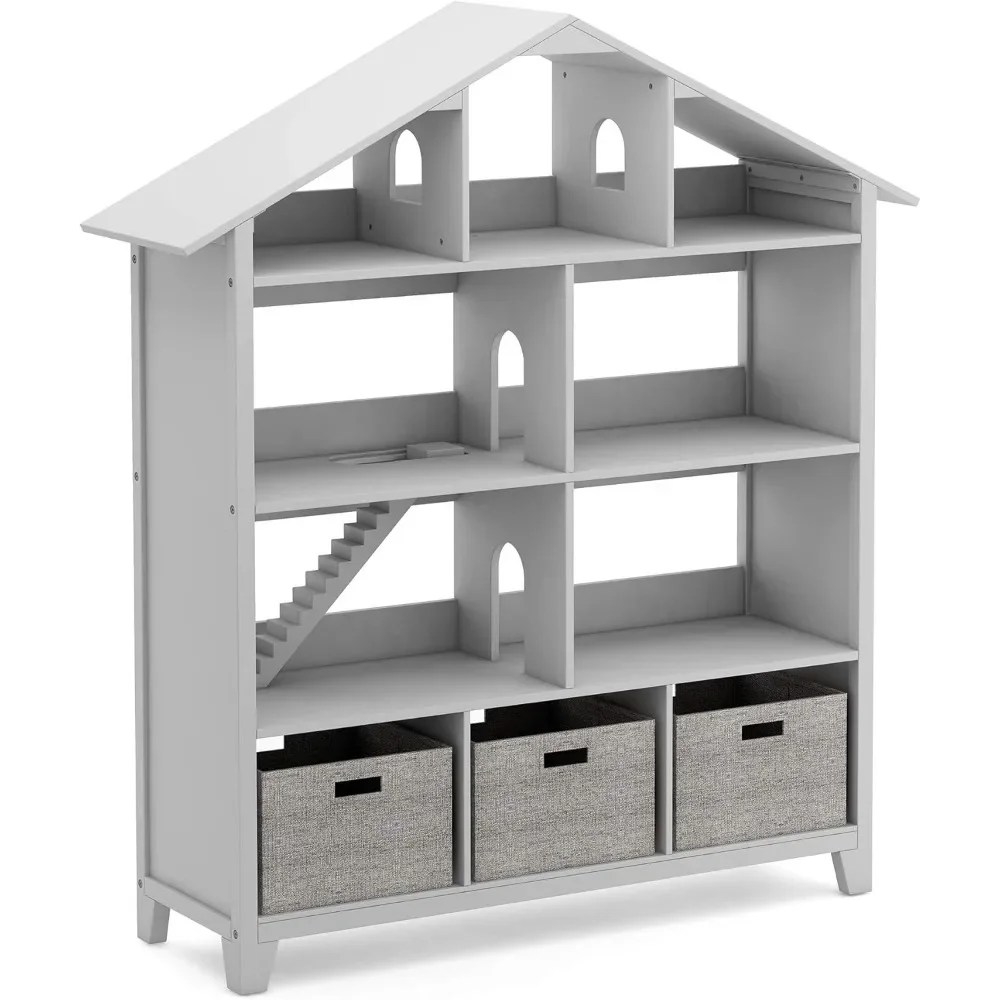 Kids' Deluxe Dollhouse Bookcase - Gray: Large Wooden Storage Organizer for Books, Dolls