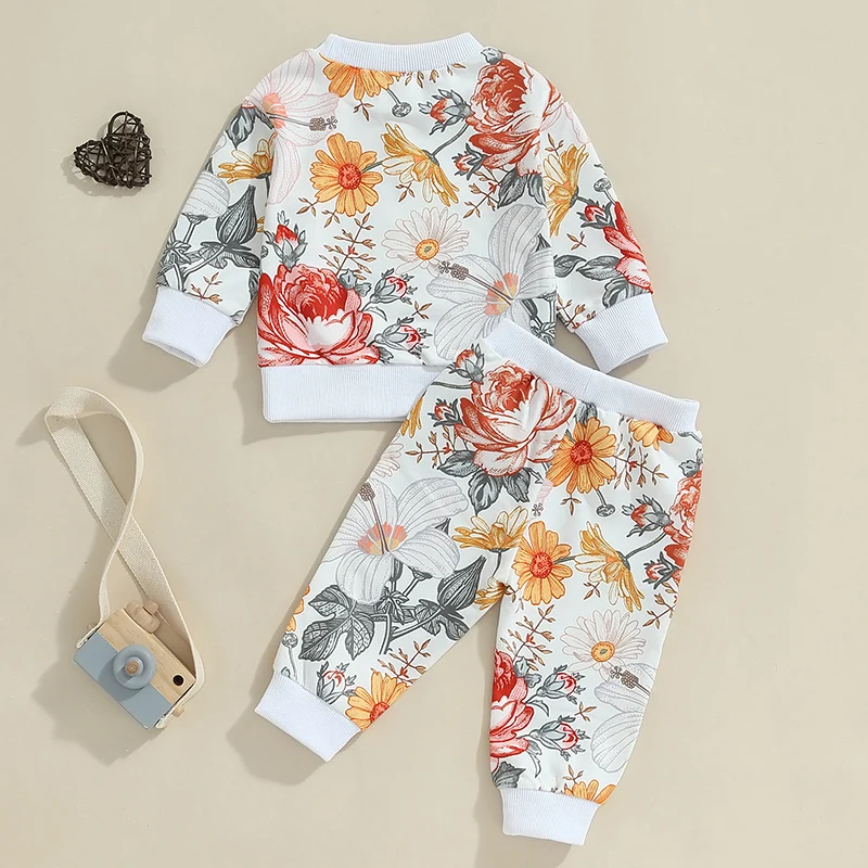 2024-05-23 Lioraitiin Toddler Girls Fall Outfits Floral Print Long Sleeve Sweatshirt and Elastic Sweatpants Set Baby Clothes