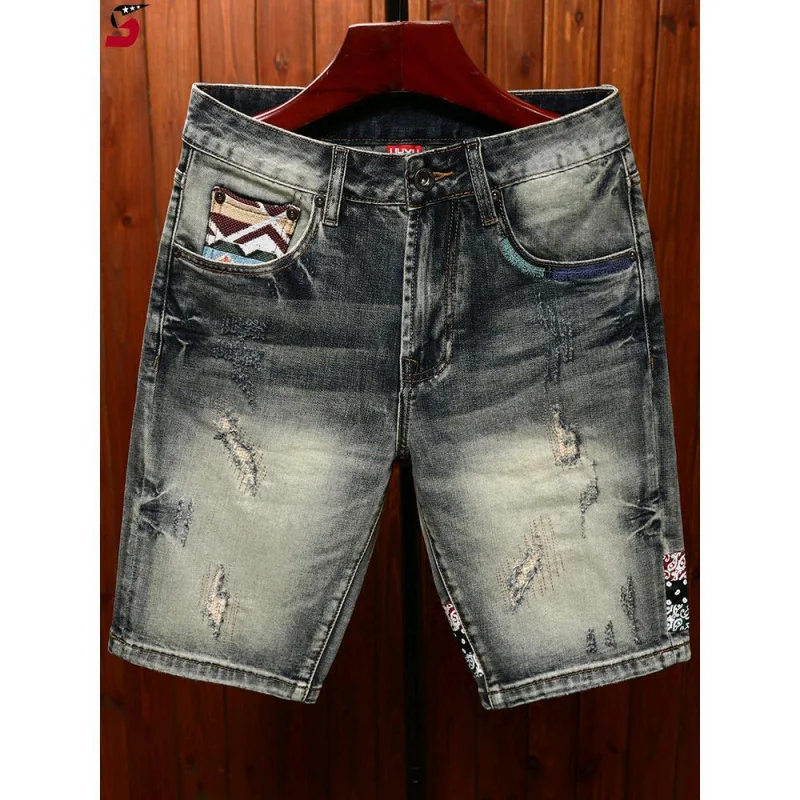 Summer Trendy Denim Shorts Men Fashion High-End Embroidered Flower Hole Patch Retro Slim Fit Straight Leg Casual Five Point Jean