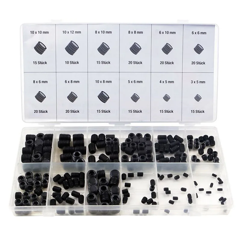 200pcs Flat Point Set Allen Head Socket Hex Set Grub Screw Assortment Cup Point Carbon Steel M3/M4/M5/M6/M8/M10