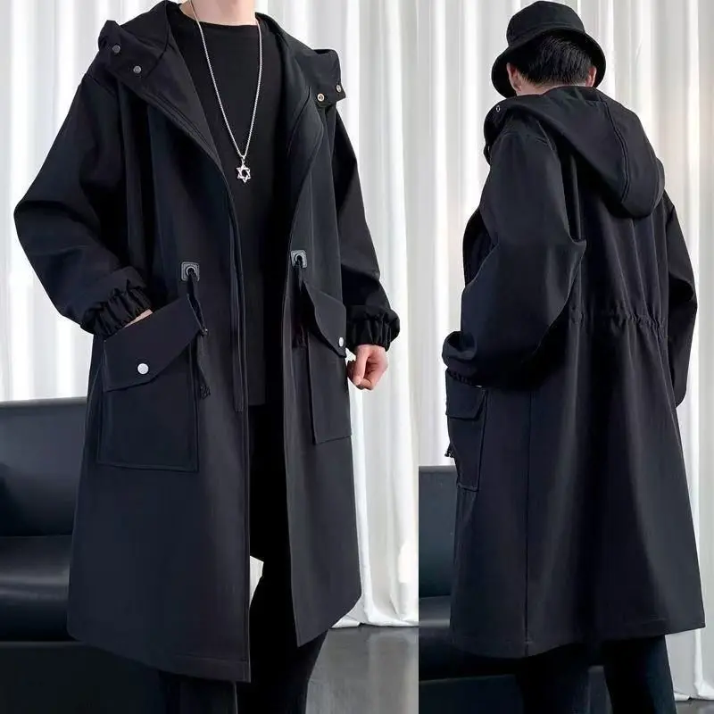 

2025 Men's Windbreaker Jacket Long Trench Oversize Loose Streetwear Hooded Vintage Black Coats High Street Casual Male Outerwear