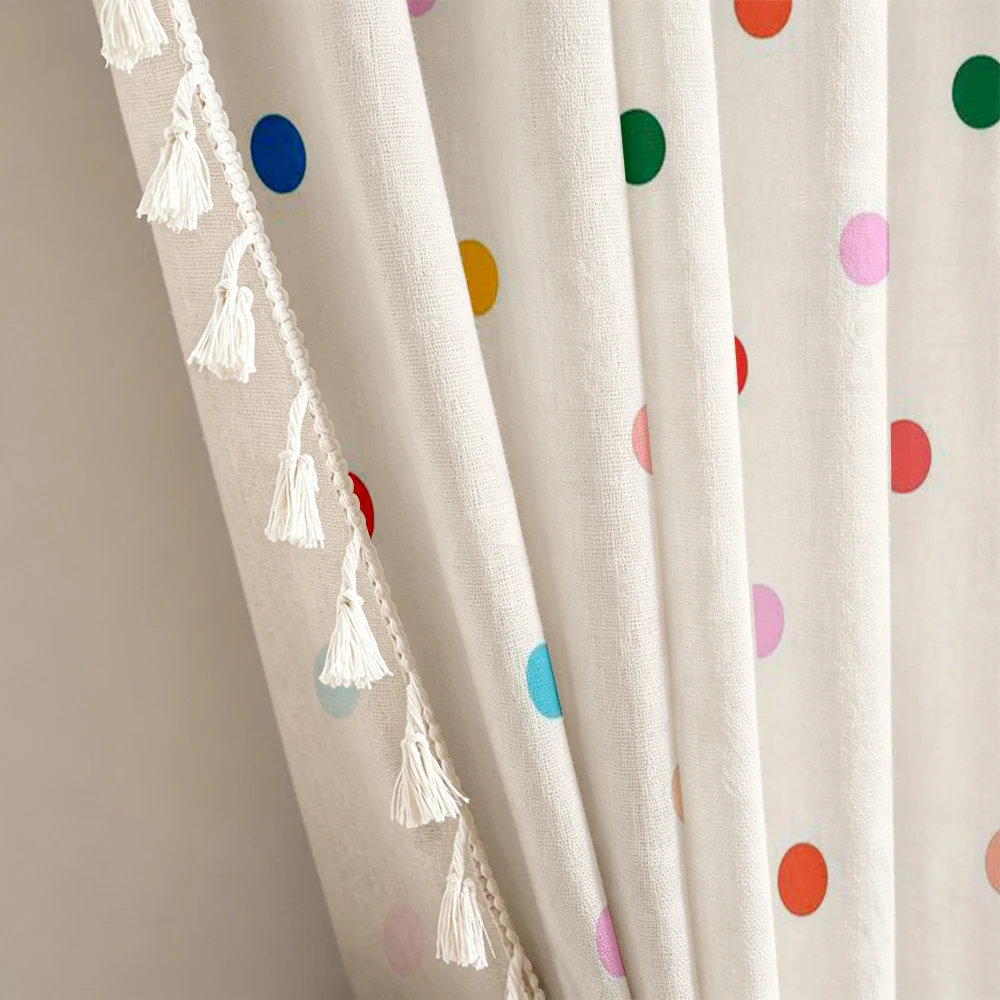 1PC Cartoon Tassel Sheer Curtains, Colorful Polka Dot, Digital Print, Linen Polyester, Bedroom Living Room, Home Decor
