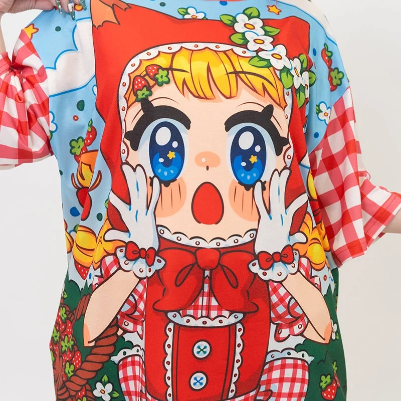Harajuku Y2K Anime Girl T-shirt Full Print Strawberry Flower Bird Red Ginger Checkered Sleeves for Adults and Children
