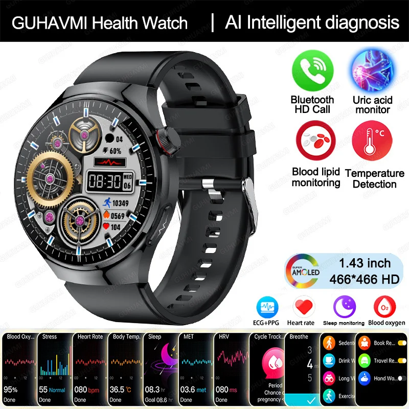 2025 Neue Smartwatch für die Gesundheitspflege mit Blutsauerstoff-, Blutfett-, Harnsäuremessung, EKG+PPG, Körpertemperaturmessung, Bluetooth-Anruf und Gesundheitsfunktionen
