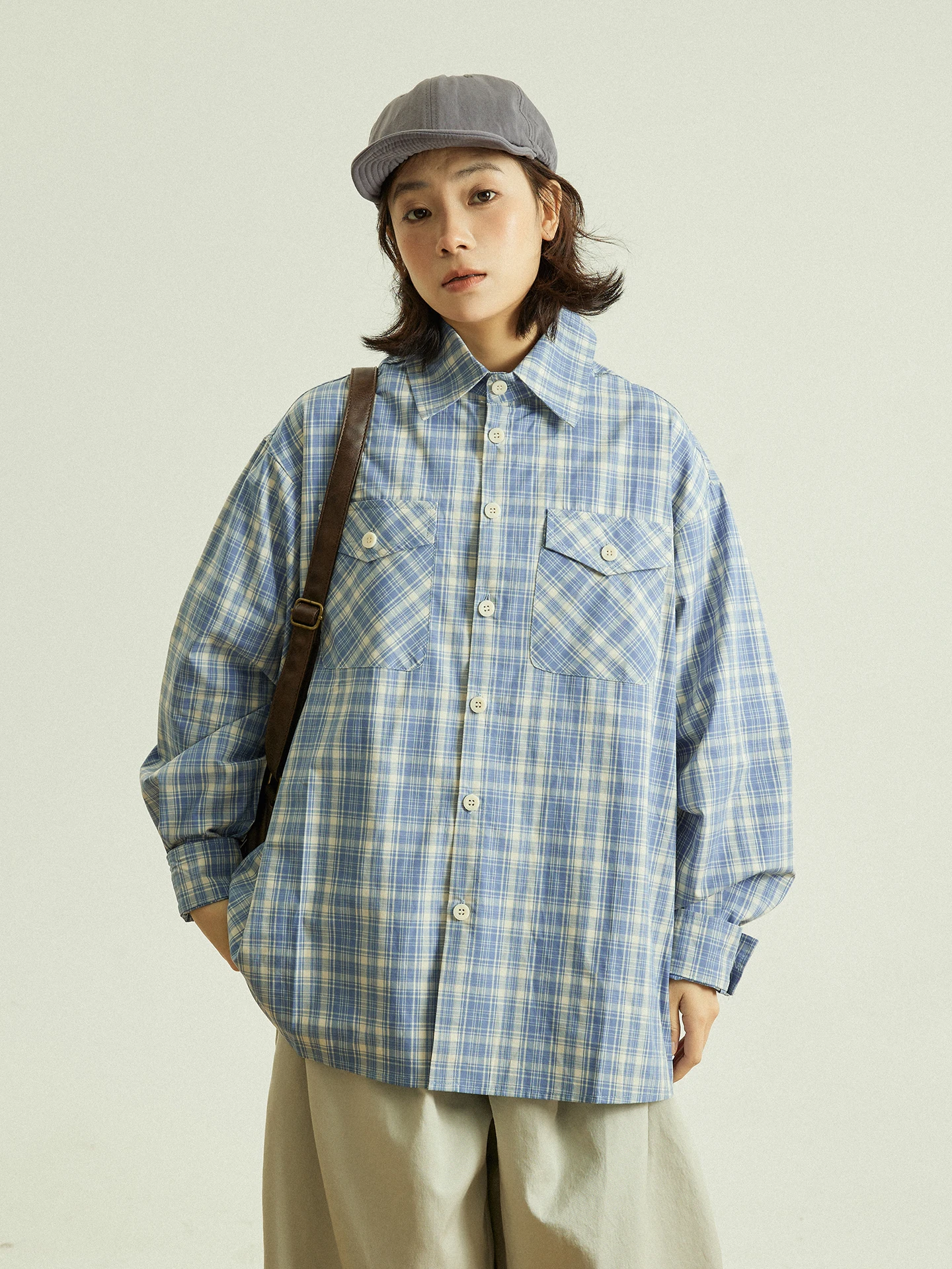 

GoodNorth Retro Blue Plaid Long Sleeve Shirt with Pocket Unisex Spring Workwear Casual Style Loose Fit Cotton Shirt