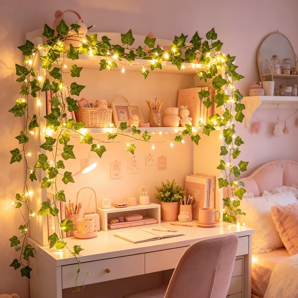 2/5/10M Silk Leaves Fake Creeper Green Leaf Ivy Vine LED String Lights for Home Wedding Hanging Garland Artificial Plants Decor