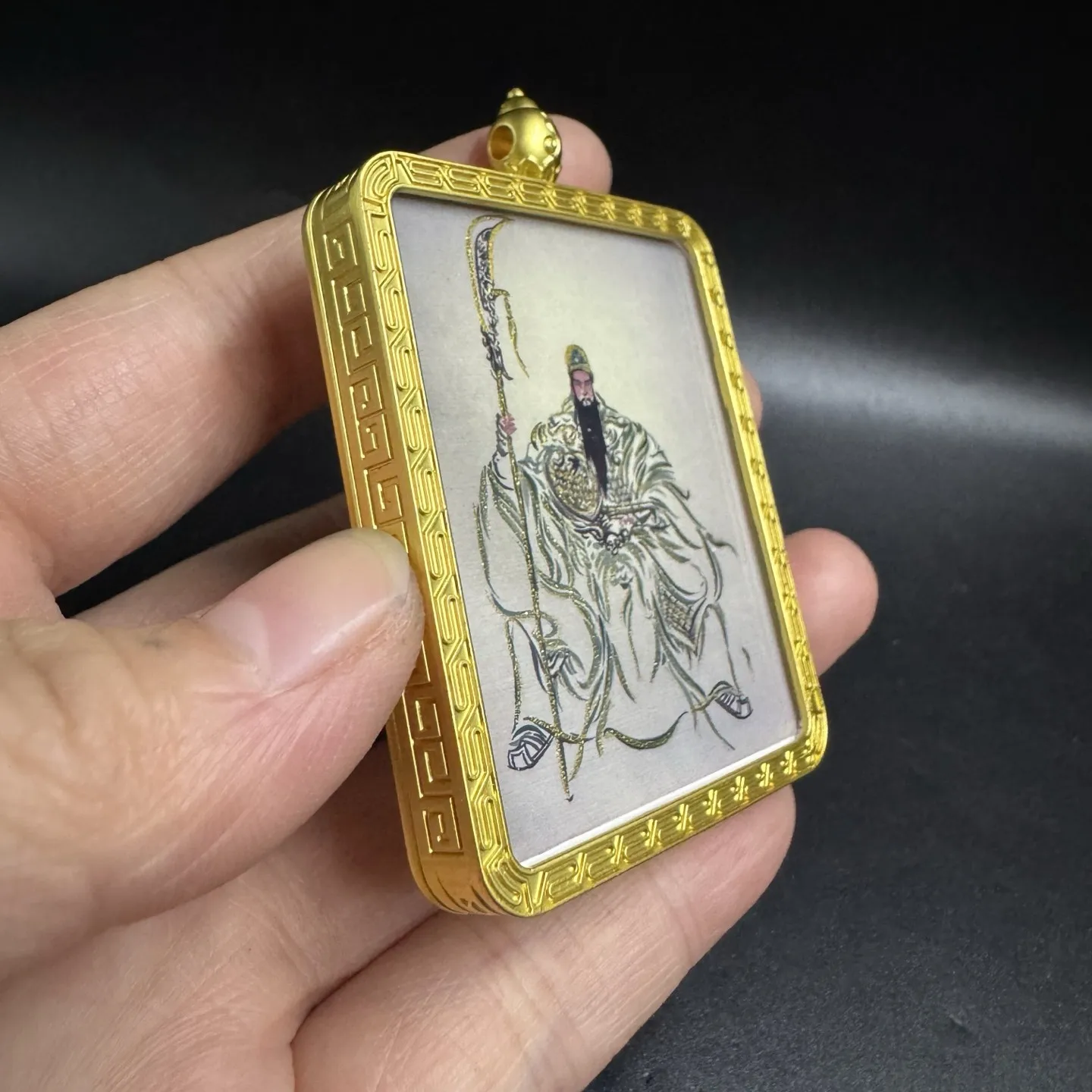 Tibetan Guan Yu Thangka Pendant God of Wealth & Loyalty Ink Wash Style Amulet