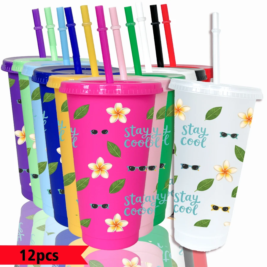 12pcs/pack Flowers Leaves Sunglasses Pattern 26oz Colored Plastic Party Cold Cups for Back-to-school Birthday Gifts