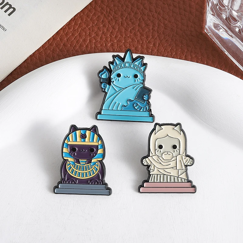 Cats Statue Enamel Pins Cartoon Animal Brooch Statue of Liberty Sphinx Badge Backpack Lapel Pin Accessories Gift for Friends