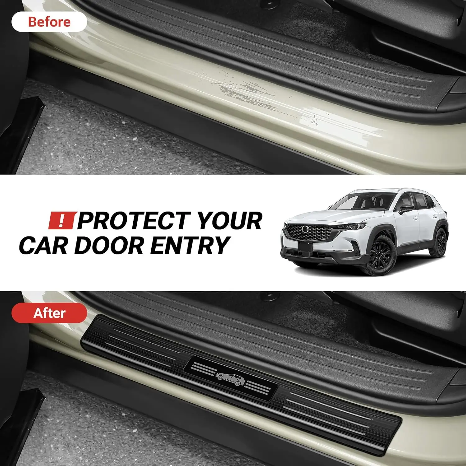 4 قطعة عتبة باب السيارة حامي لمازدا 2023 -2026 CX-50 CX50 اكسسوارات مواد من الستانلس ستيل الأسود نحى باب دخول الحرس #3