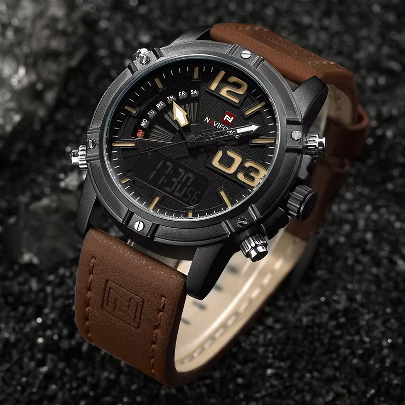 NAVIFORCE Luxury Brand Men\'s Sport Watches Men Dual Display LED Digital Waterproof Leather Strap Quartz Military Watch Man Clock
