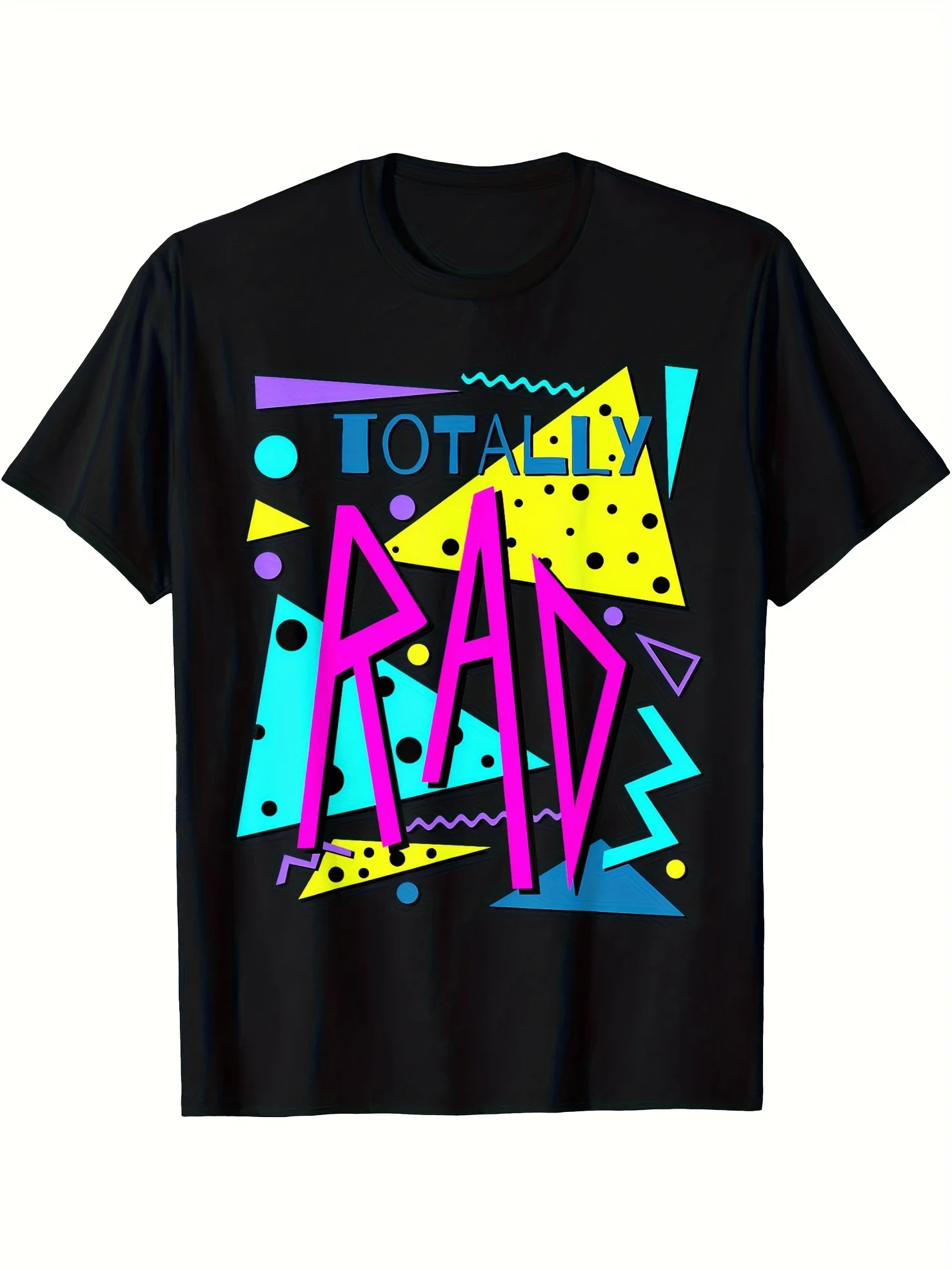 2026 Men's Retro 80's Totally Rad Graphic T-Shirt - Black with Colorful Geometric Design, Short Sleeve, Round Neck, Lightweight
