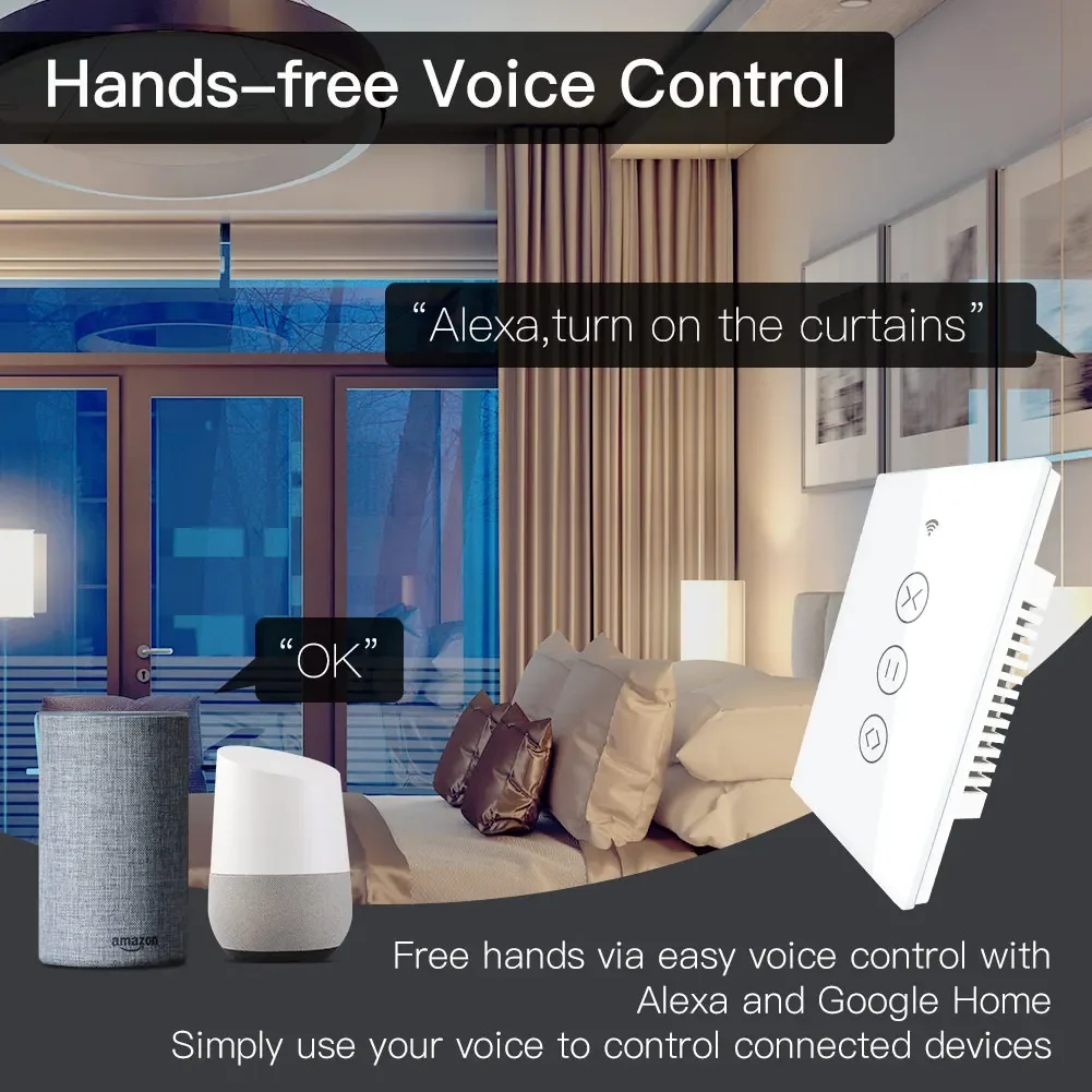 Moes WiFi RF433 Smart Touch Curtain Roller Blinds Motor Switch Tuya Smart Life App Remote Control Work with Alexa Google Home US