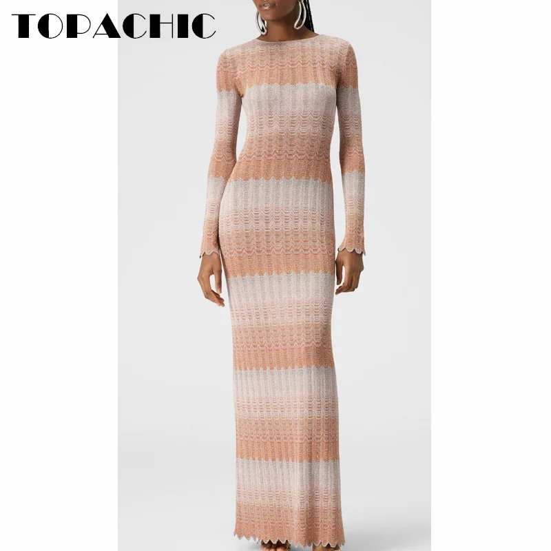 

8.8 TOPACHCI Women's Wave Striped Jacquard Long Sleeve Knit Dress Elegant Hollow Out Sexy Backless Slim Package Hip Maxi Dress