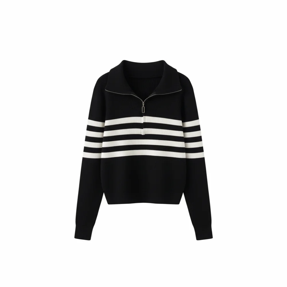 

Long Sleeve Knit Stripe Sweater Slim Fit Zipper Crochet Knitwear Soft Autumn Winter Sweet Girl's Pullover Autumn Spring