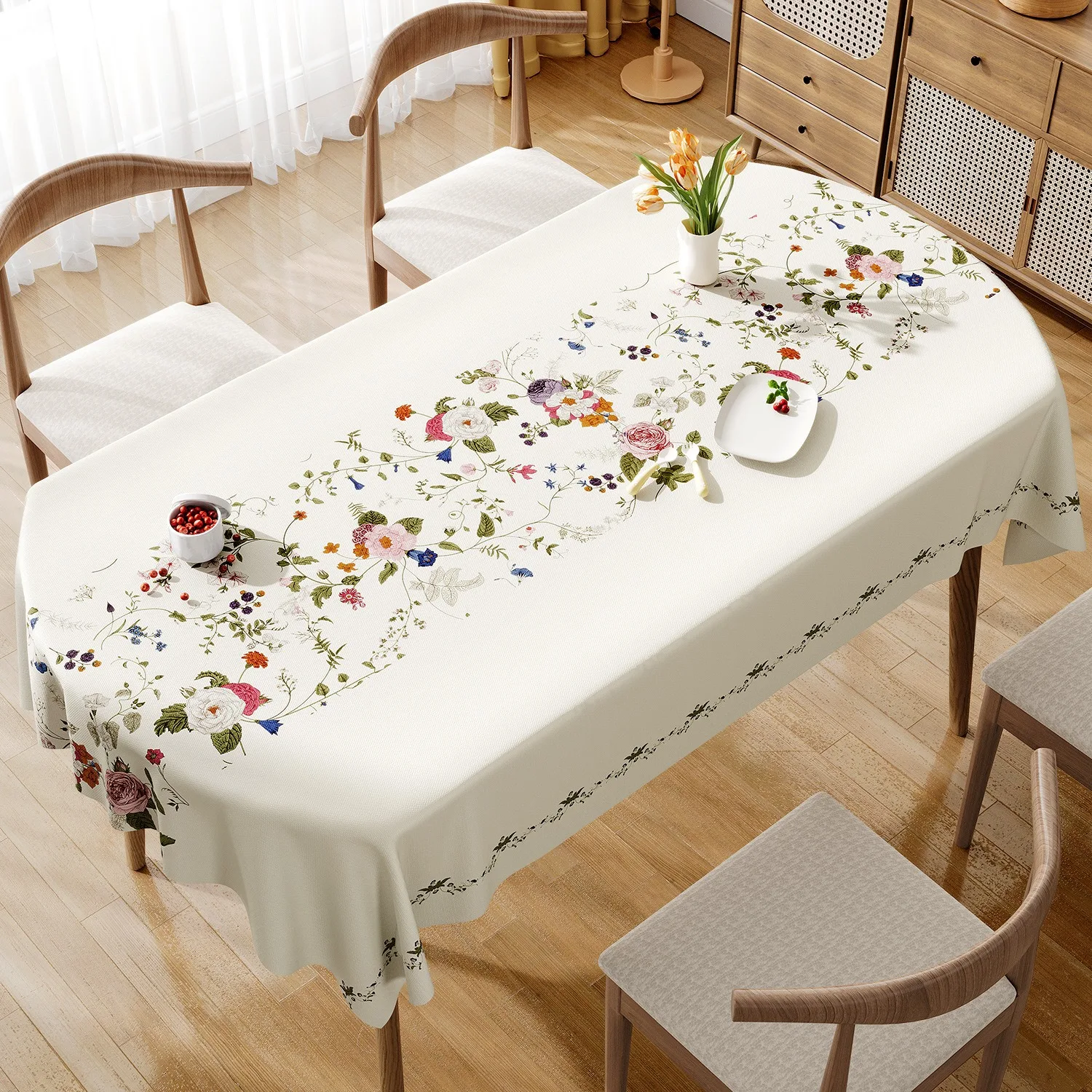 

French Pastoral Floral Tablecloth Cream White Rose Flower Table Cover Elegant Linen Cotton Desk Cloth for Kitchen Dining Room