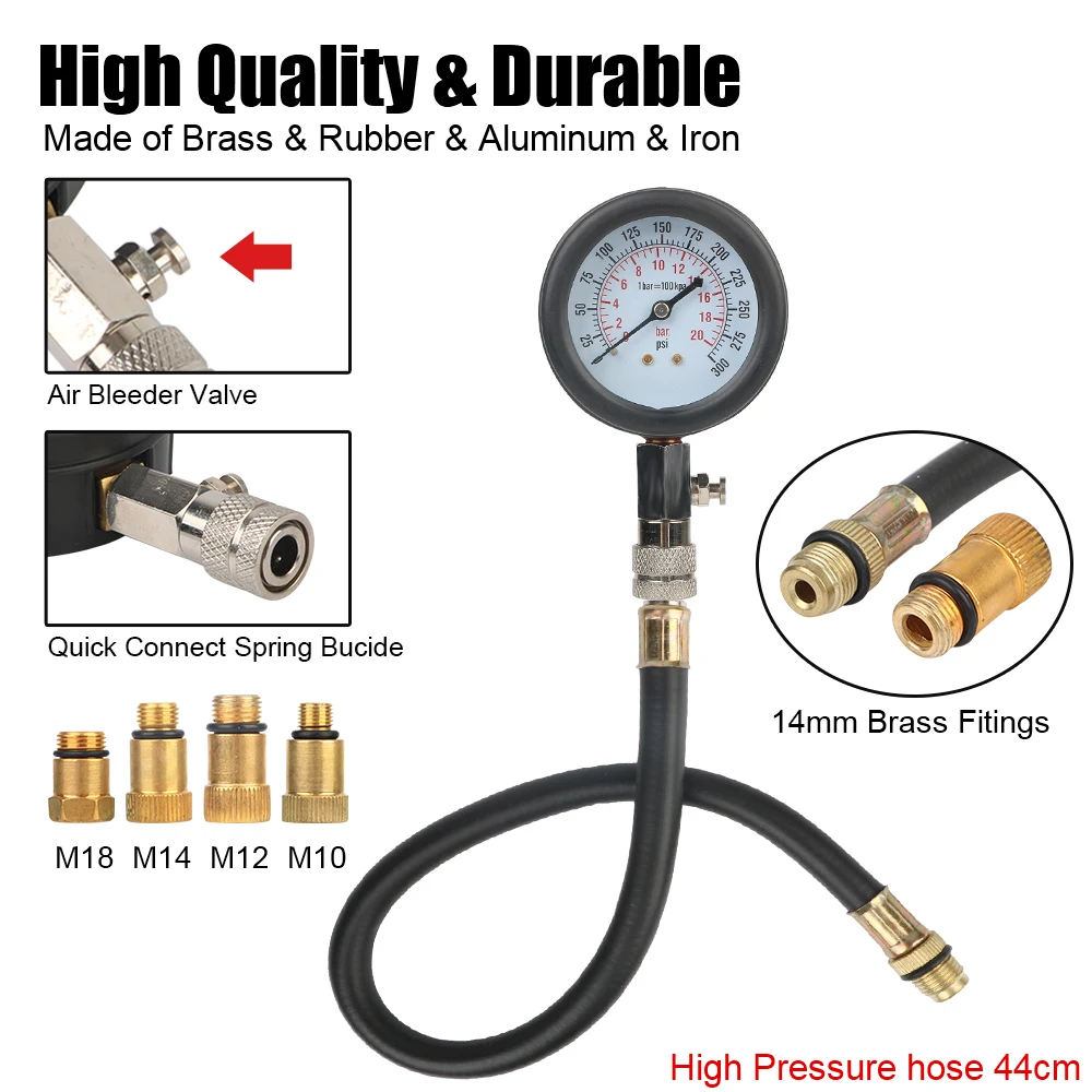 Gasoline Engine Compression Meter with M10 M12 M14 M18 Adapter 0-300 PSI Pressure Gauge Automotive Cylinder Tester Kit